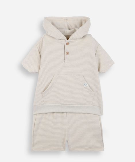 conjunto curto infantil com capuz listrado bege