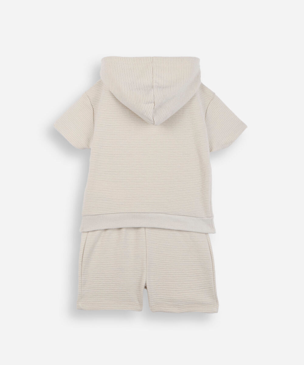 conjunto curto infantil com capuz listrado bege