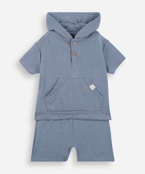 conjunto curto infantil com capuz listrado azul