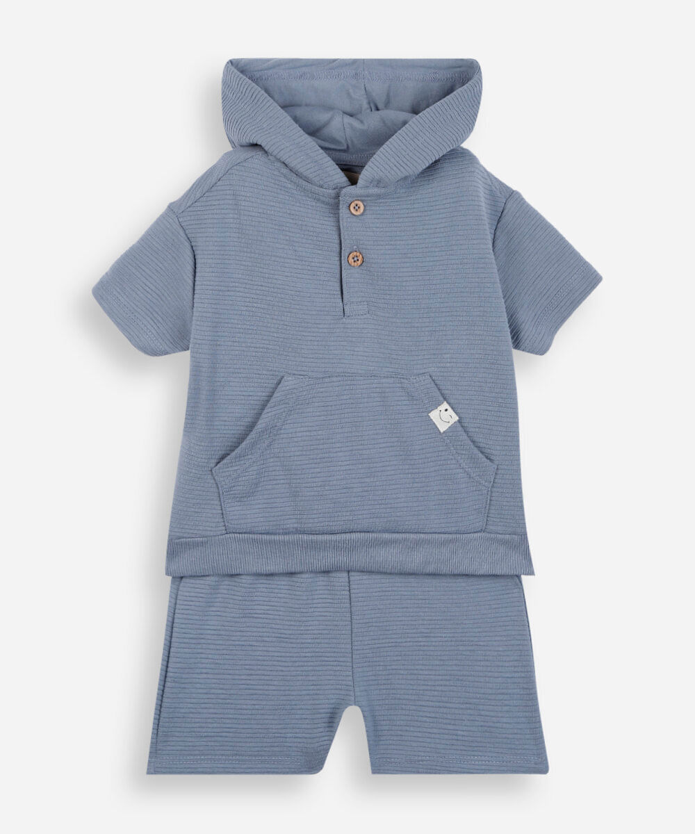 conjunto curto infantil com capuz listrado azul