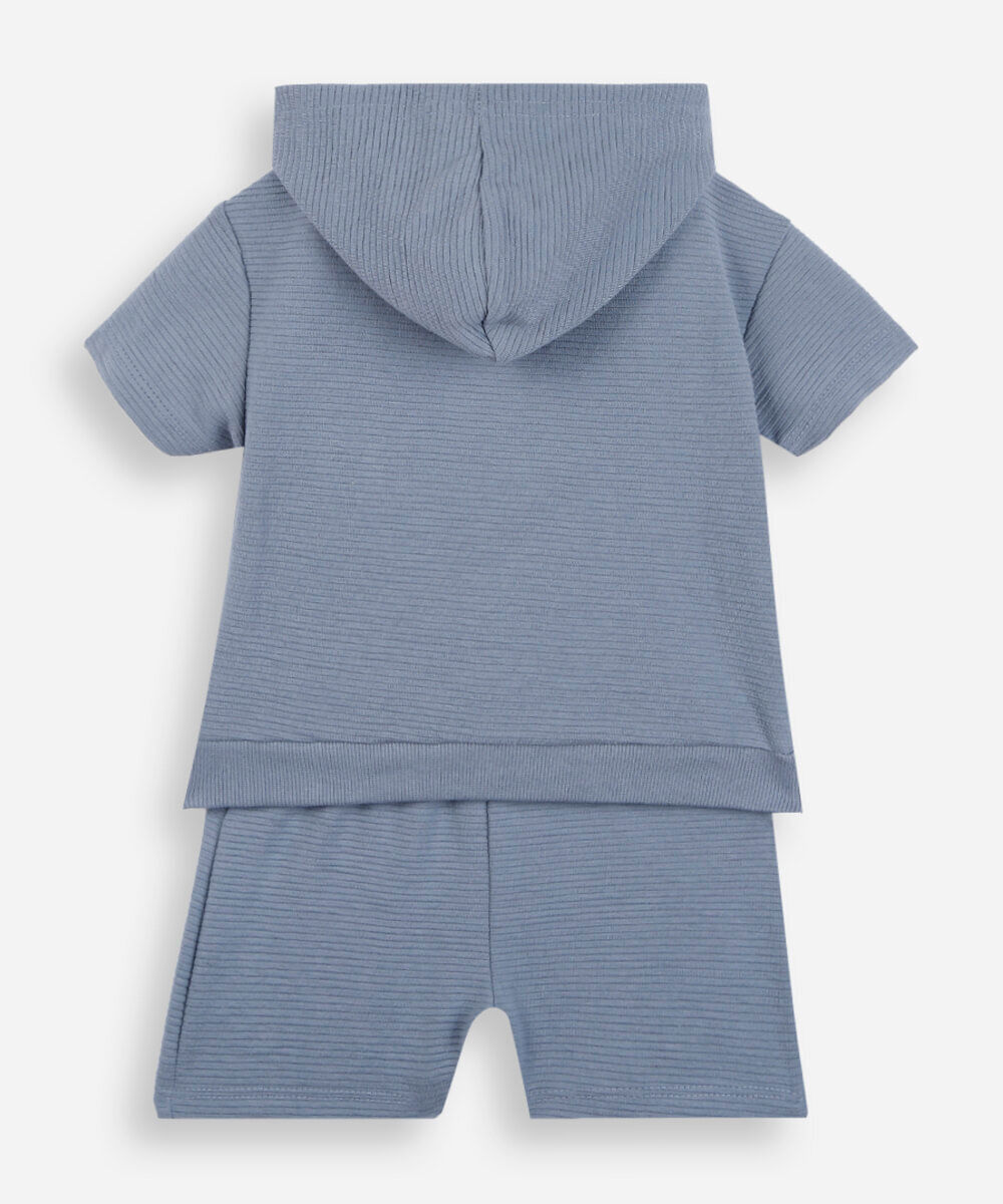conjunto curto infantil com capuz listrado azul