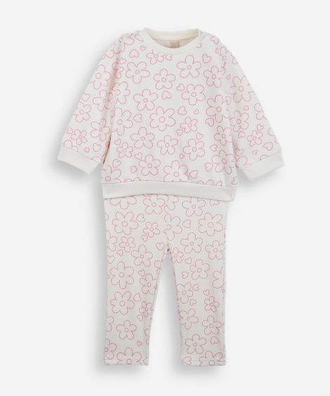 conjunto longo infantil de moletom floral off white