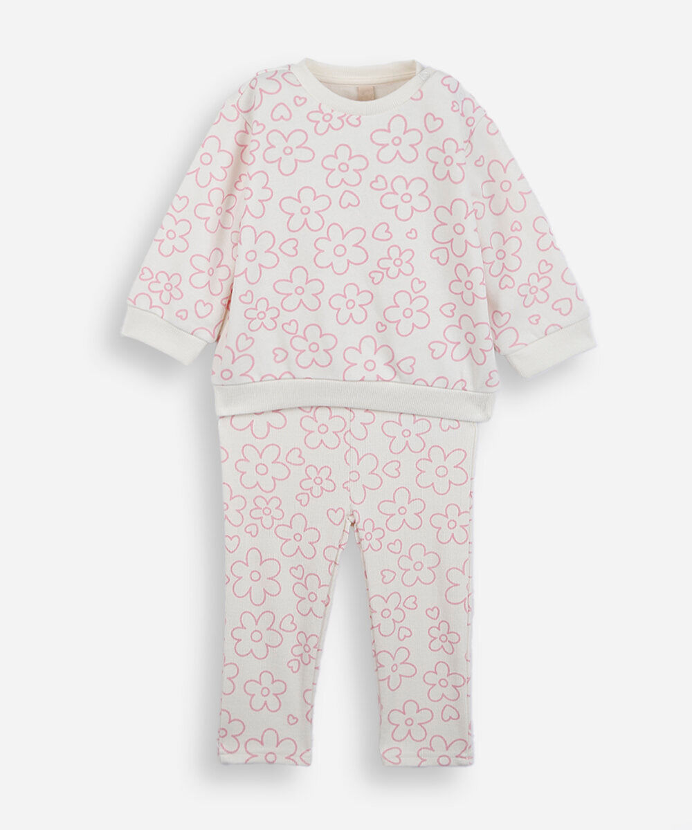 conjunto longo infantil de moletom floral off white