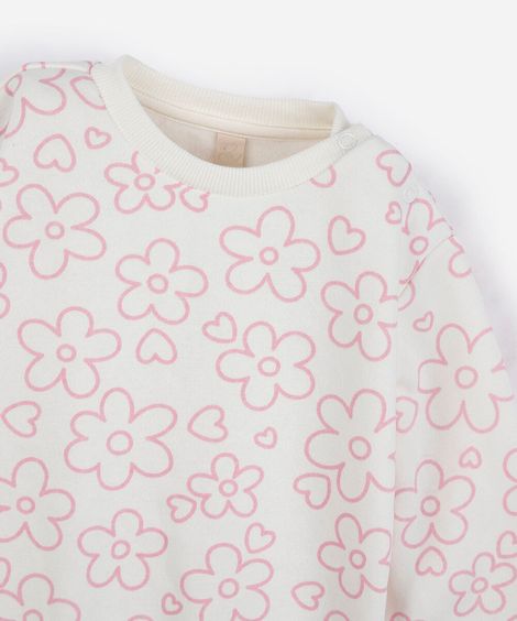 conjunto longo infantil de moletom floral off white