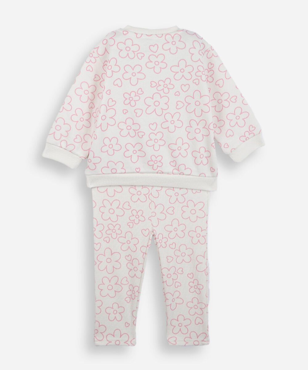conjunto longo infantil de moletom floral off white