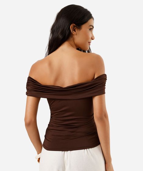 blusa ombro a ombro feminina franzida marrom