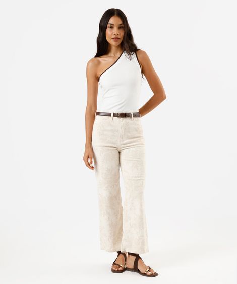 calça wide leg cropped feminina de sarja floral bege