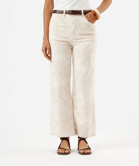 calça wide leg cropped feminina de sarja floral bege