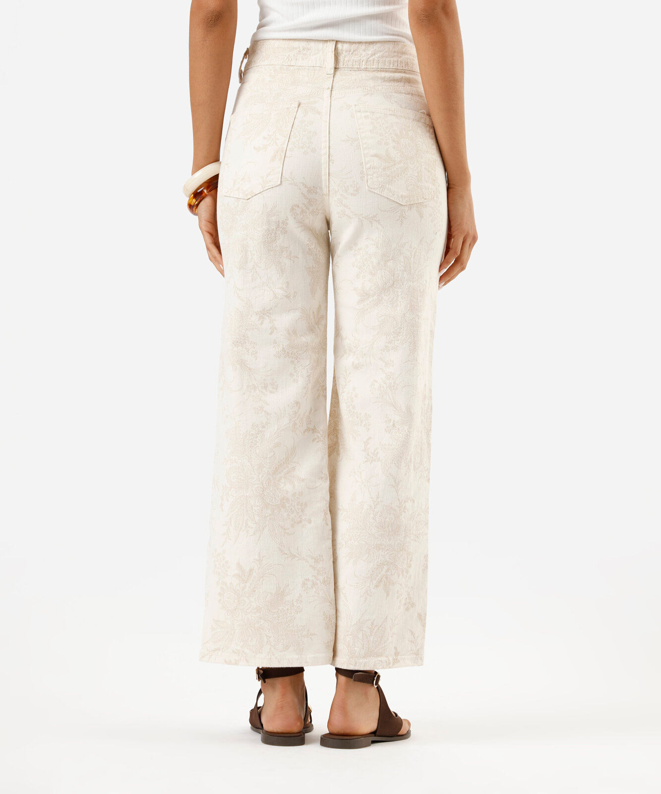 calça wide leg cropped feminina de sarja floral bege