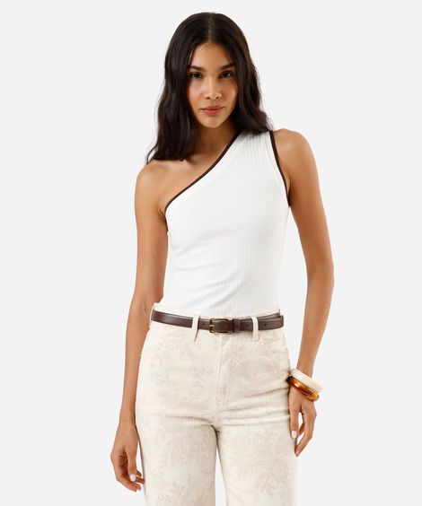blusa ombro único feminina  de algodão canelada off white