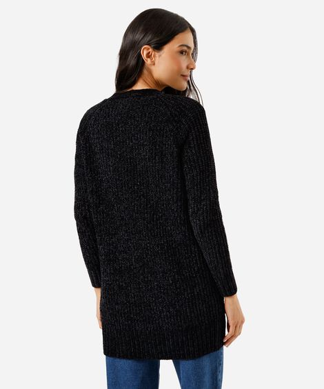 cardigan alongado feminino de tricot chenille com bolsos preto