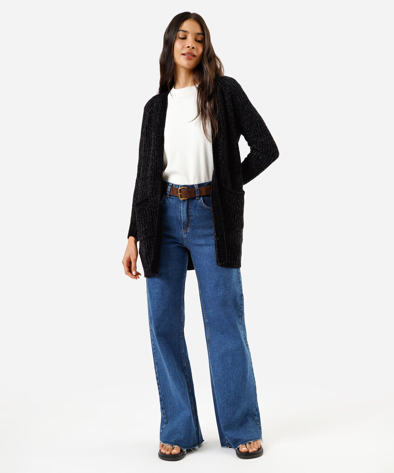 cardigan alongado feminino de tricot chenille com bolsos preto