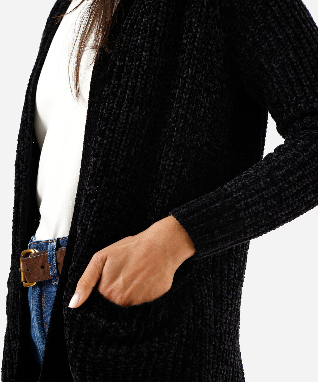 cardigan alongado feminino de tricot chenille com bolsos preto