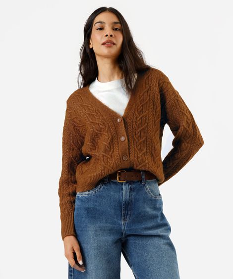 cardigan feminino de tricot com botões texturizado marrom