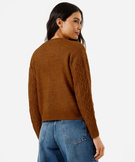 cardigan feminino de tricot com botões texturizado marrom