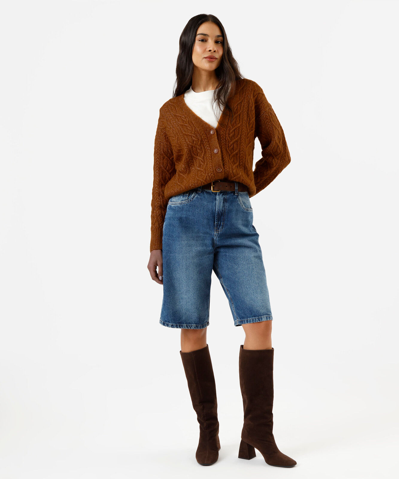 cardigan feminino de tricot com botões texturizado marrom