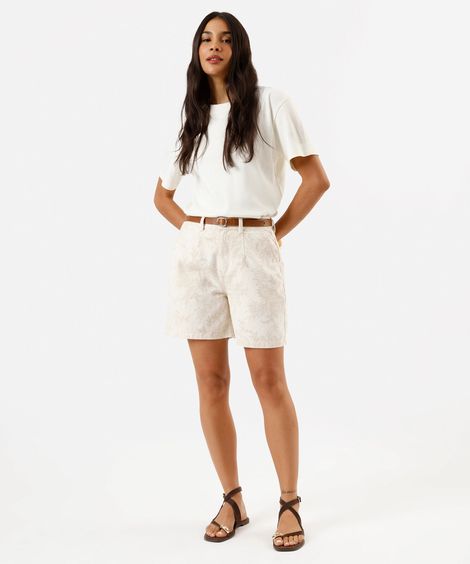 bermuda feminina de sarja cintura alta floral com cinto bege