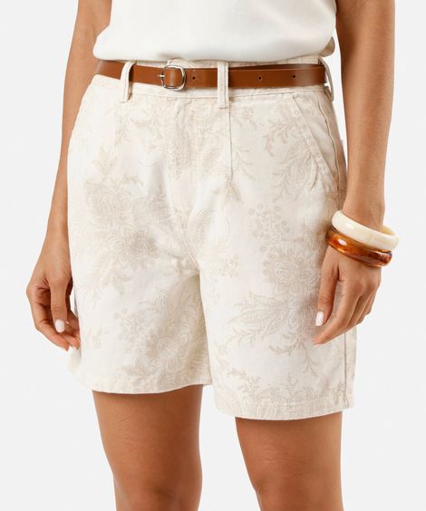 bermuda feminina de sarja cintura alta floral com cinto bege