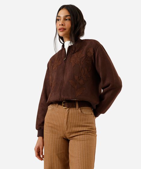 jaqueta bomber feminina de suede com bordado marrom