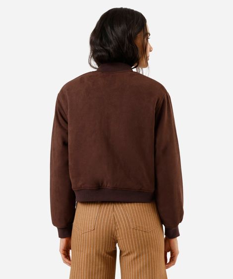 jaqueta bomber feminina de suede com bordado marrom