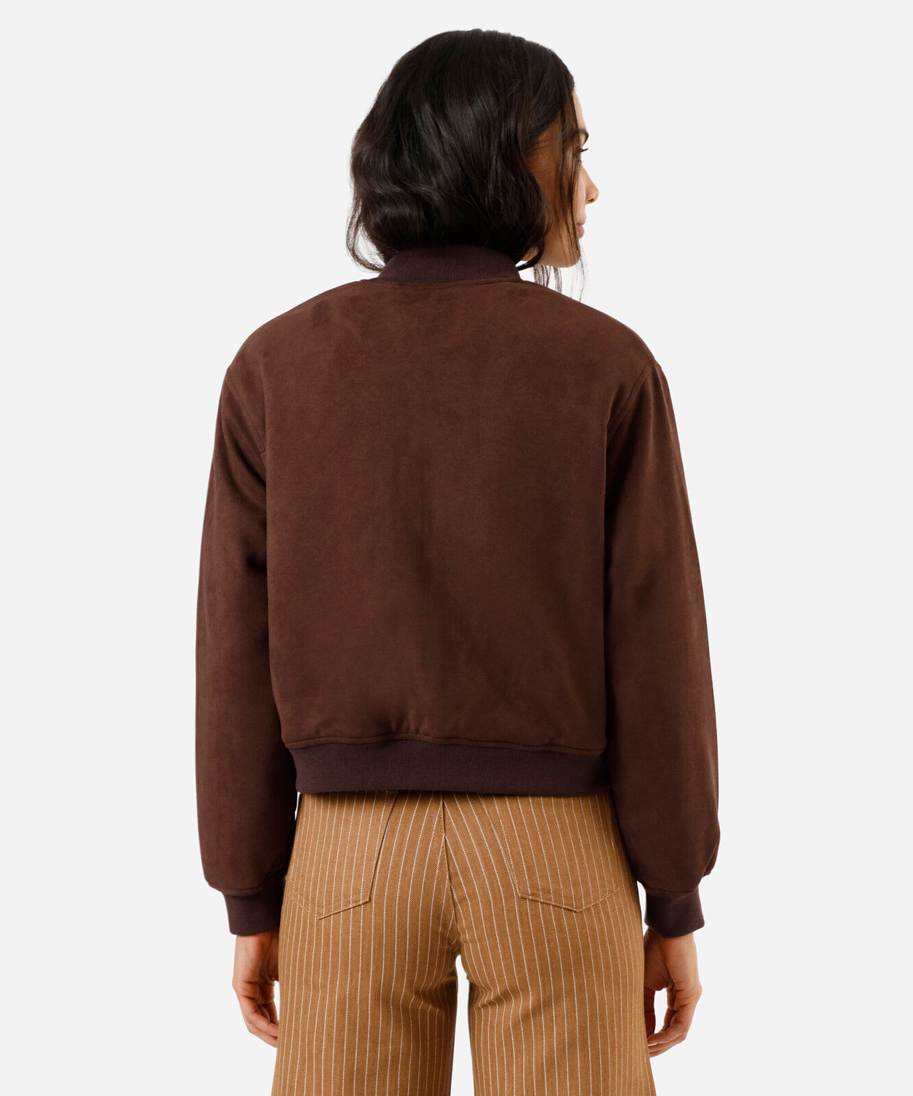 jaqueta bomber feminina de suede com bordado marrom