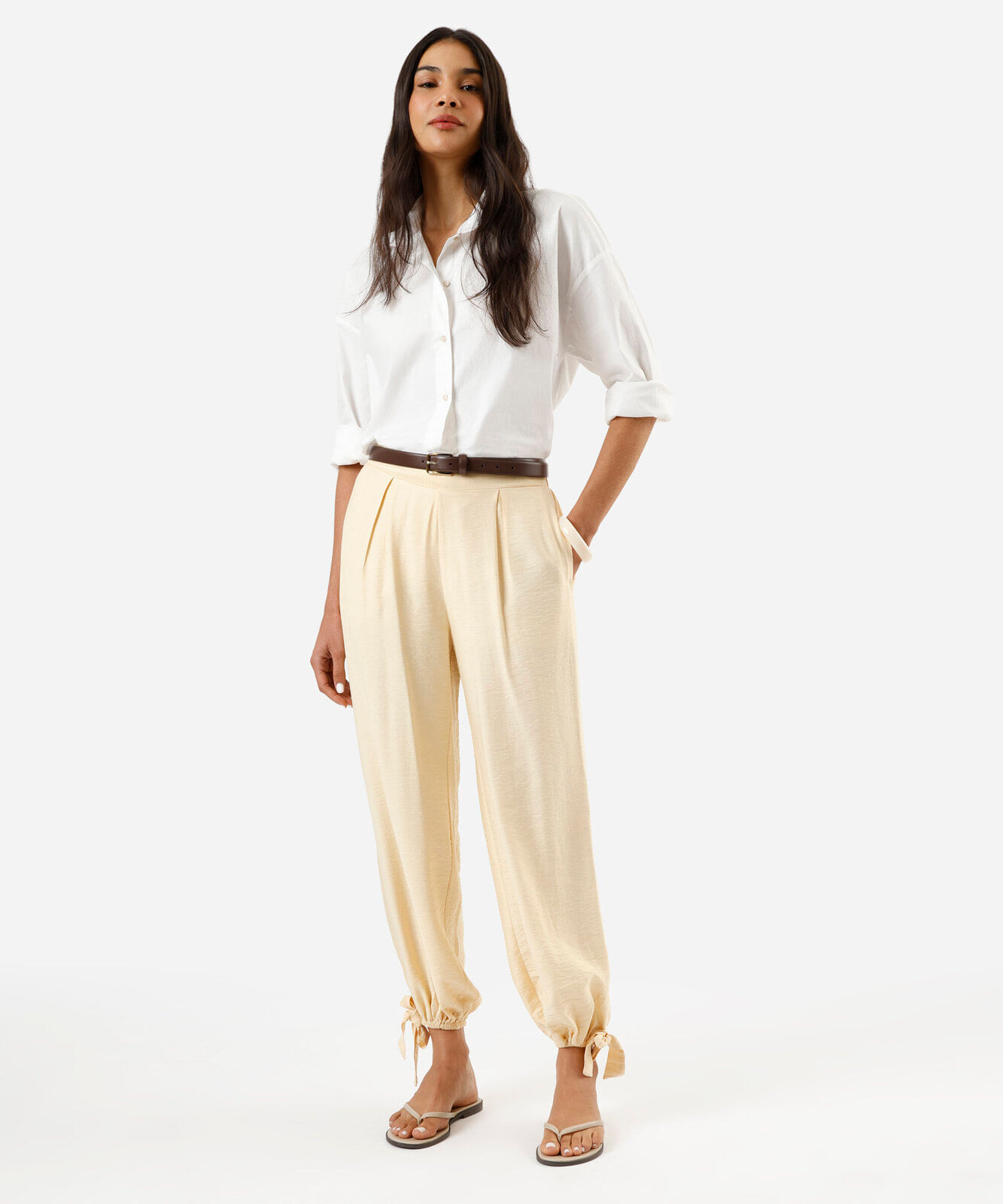 calça balloon feminina com viscose e amarração amarela