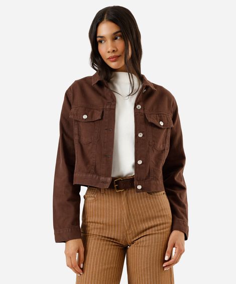 jaqueta cropped feminina de sarja marrom