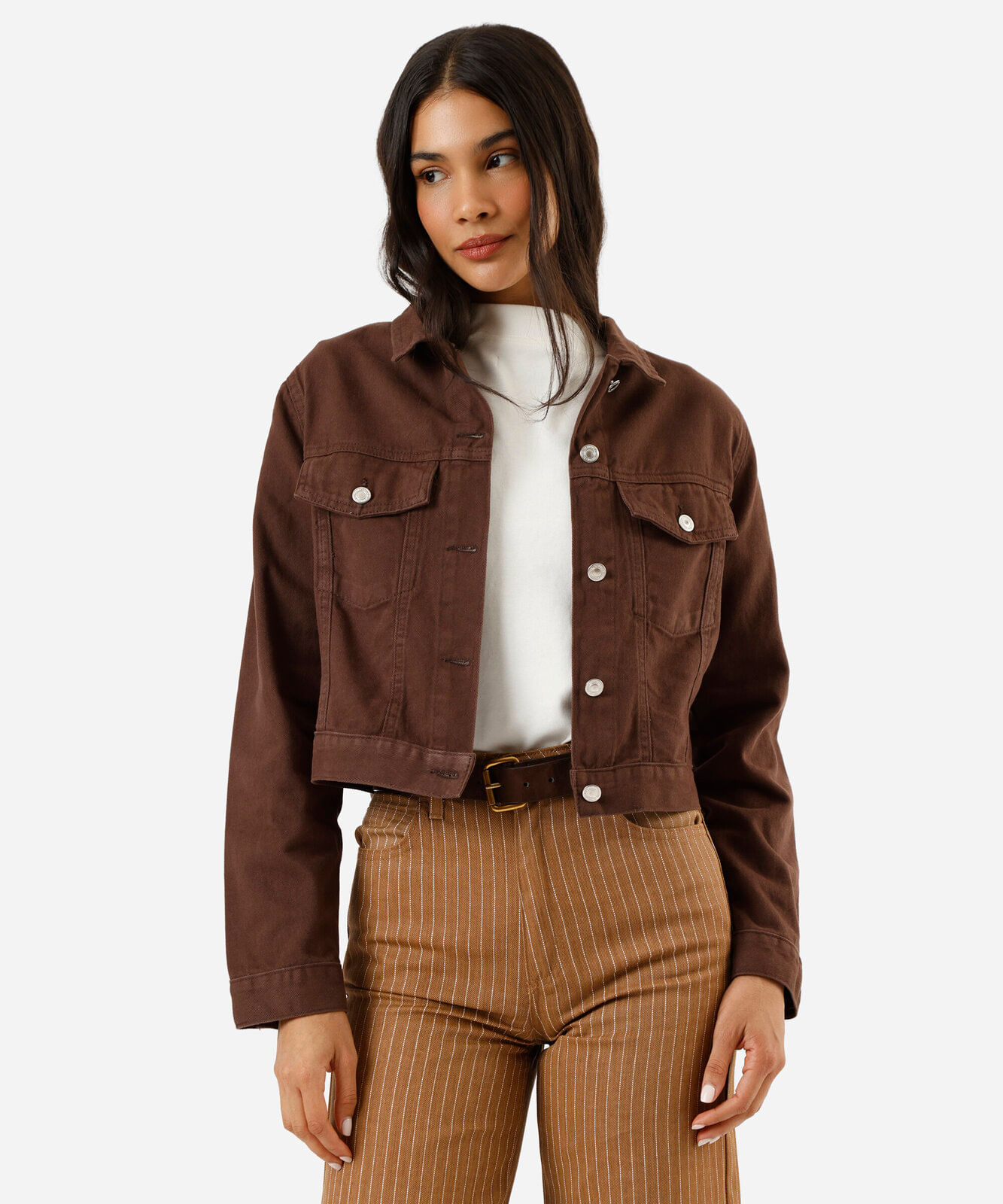 jaqueta cropped feminina de sarja marrom