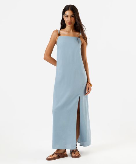 vestido longo alça fina feminino com linho e fenda azul