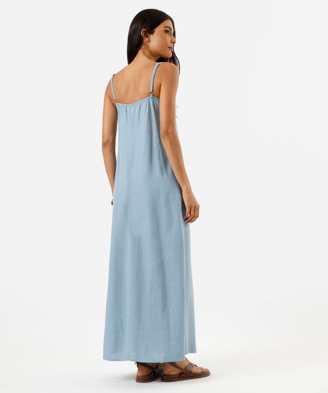vestido longo alça fina feminino com linho e fenda azul