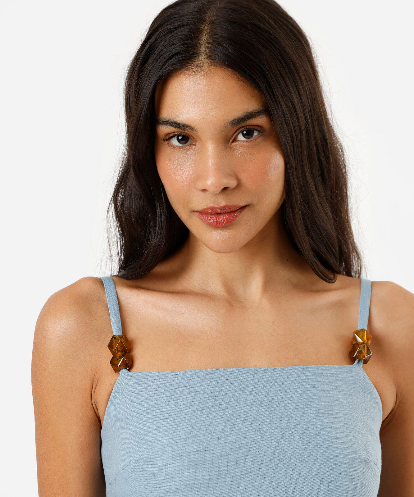 vestido longo alça fina feminino com linho e fenda azul