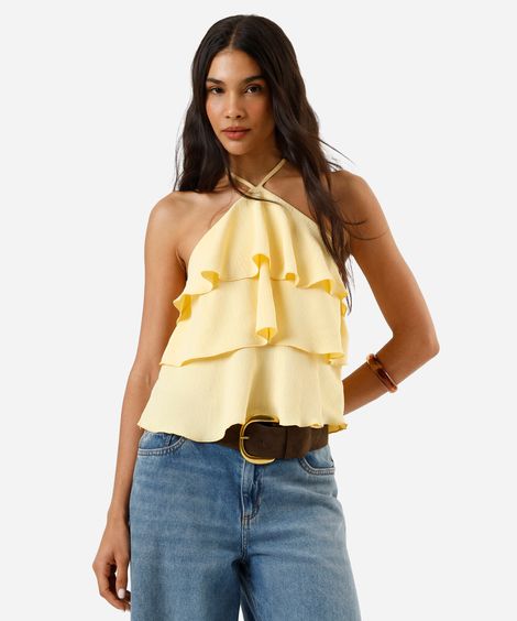 blusa halterneck feminina com babados texturizada amarela