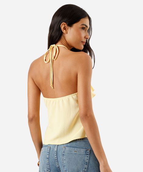 blusa halterneck feminina com babados texturizada amarela
