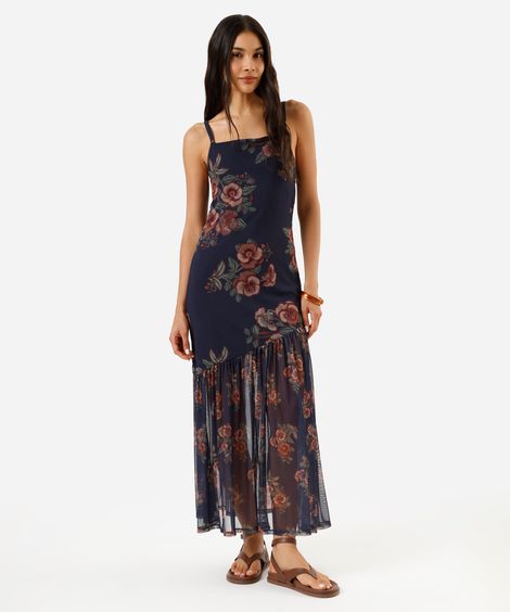 vestido midi alça fina feminino de tule floral azul
