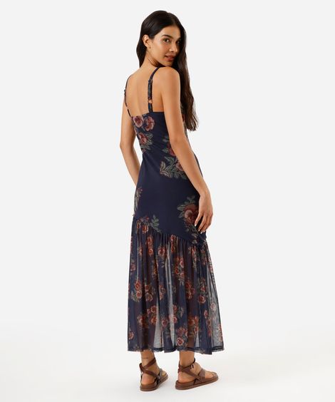 vestido midi alça fina feminino de tule floral azul