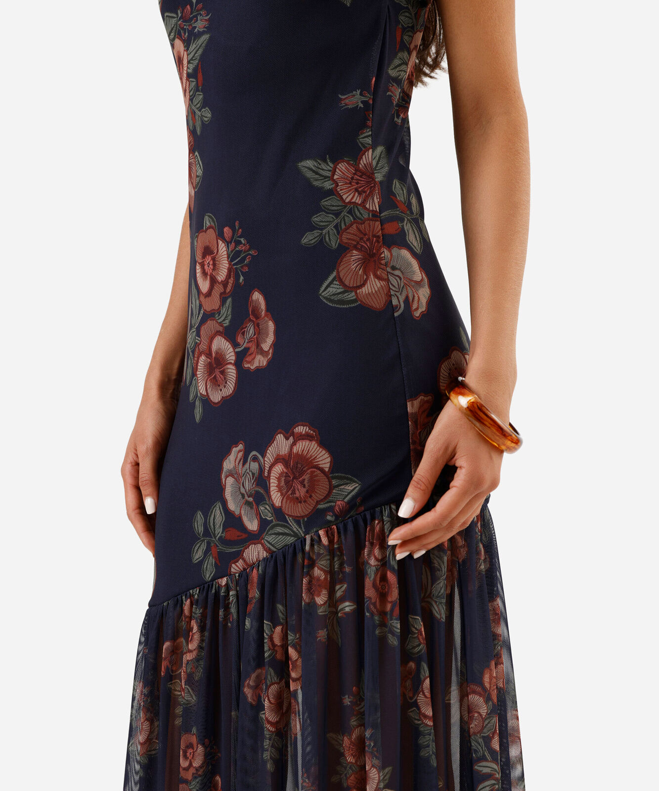 vestido midi alça fina feminino de tule floral azul