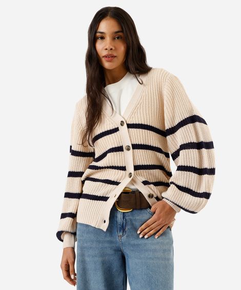 cardigan feminino de tricot manga bufante listrado bege