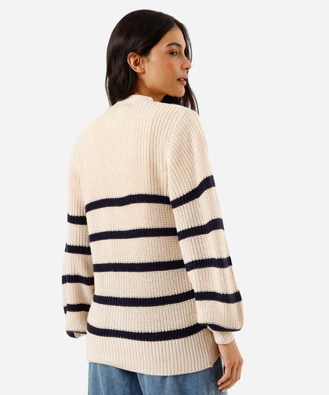 cardigan feminino de tricot manga bufante listrado bege