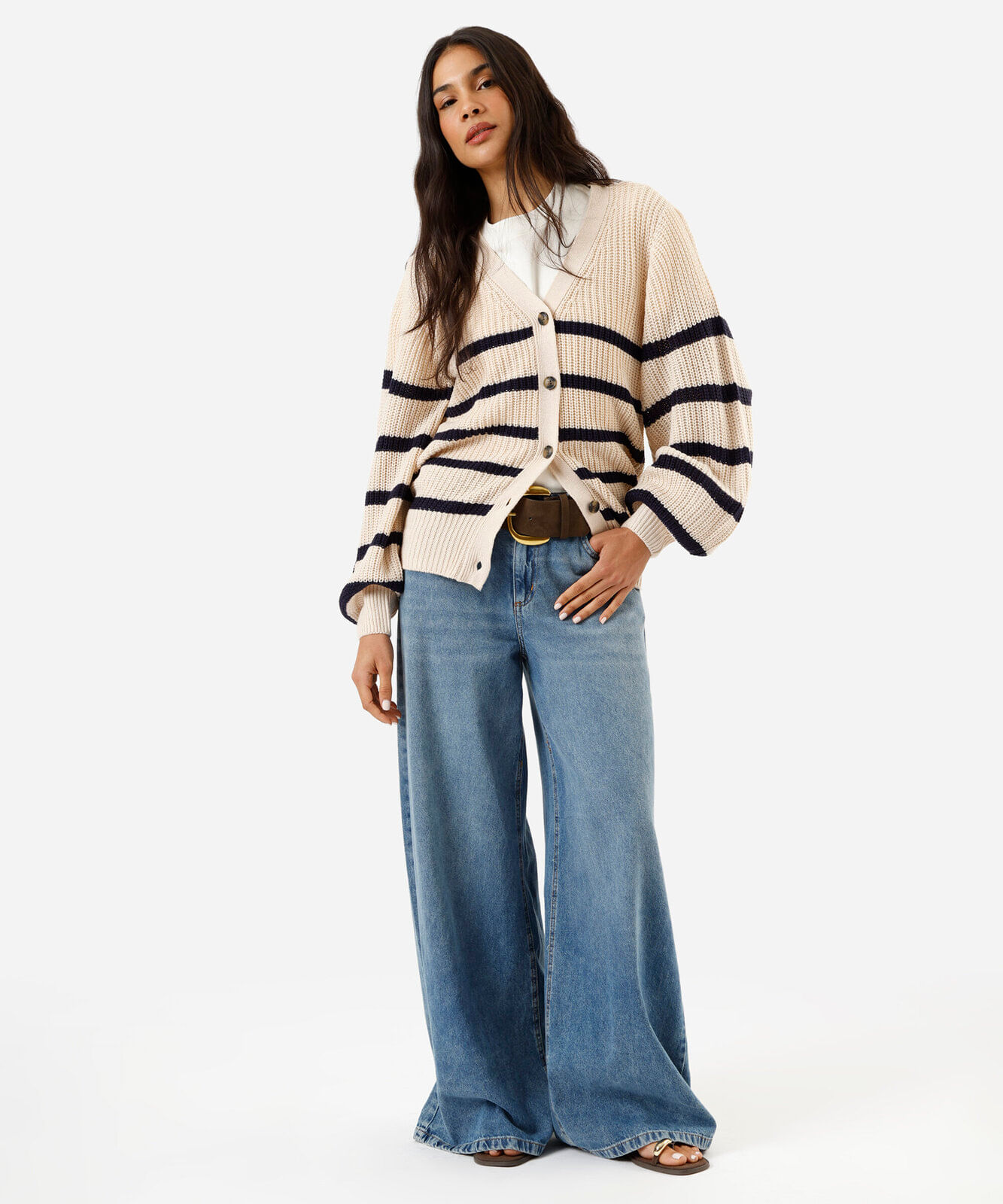 cardigan feminino de tricot manga bufante listrado bege