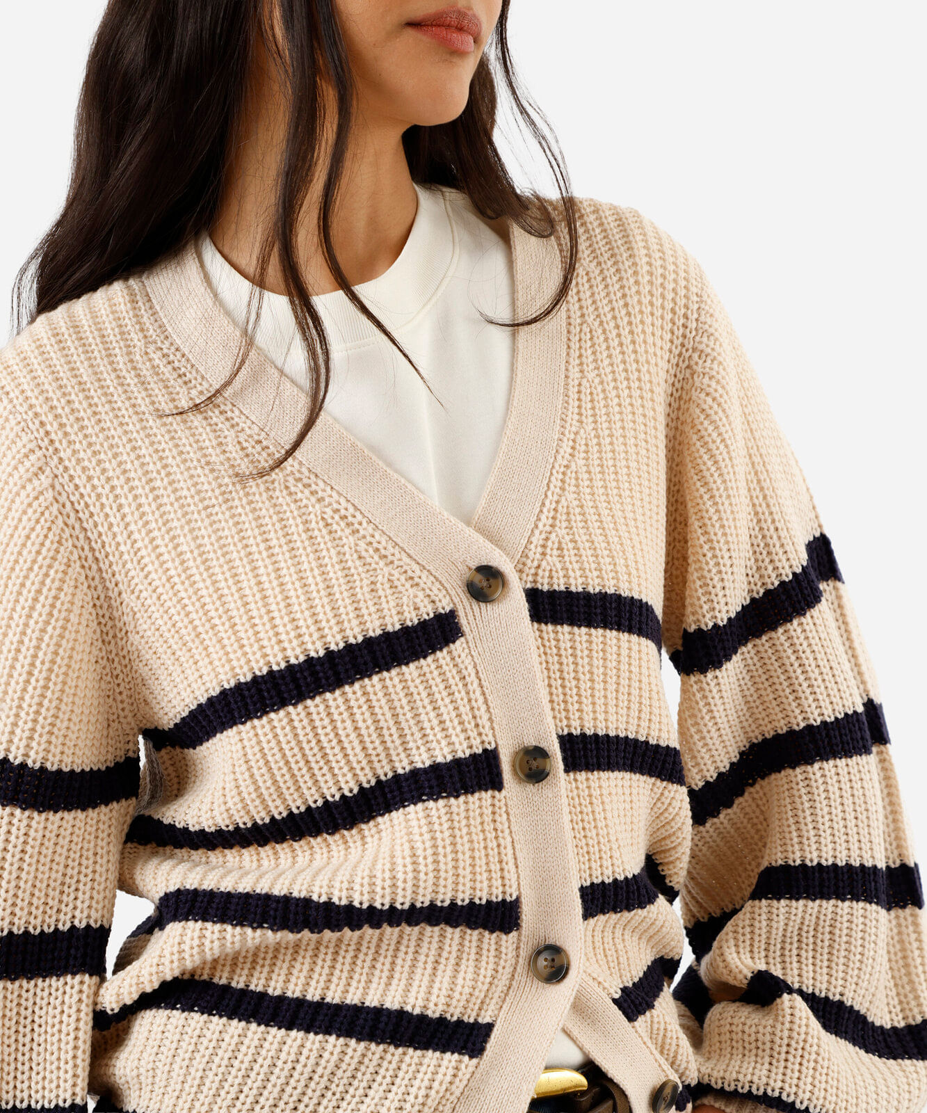 cardigan feminino de tricot manga bufante listrado bege
