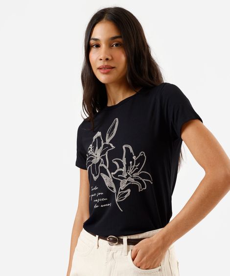 blusa feminina de viscose manga curta floral preta