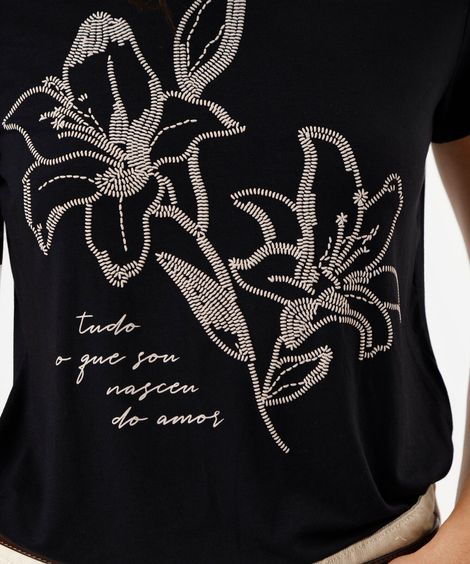 blusa feminina de viscose manga curta floral preta