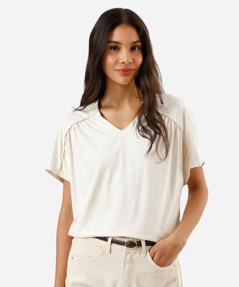 blusa feminina de suede decote v franzida bege