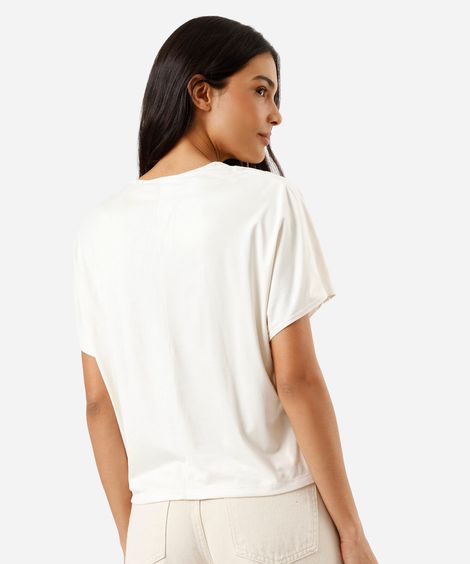 blusa feminina de suede decote v franzida bege
