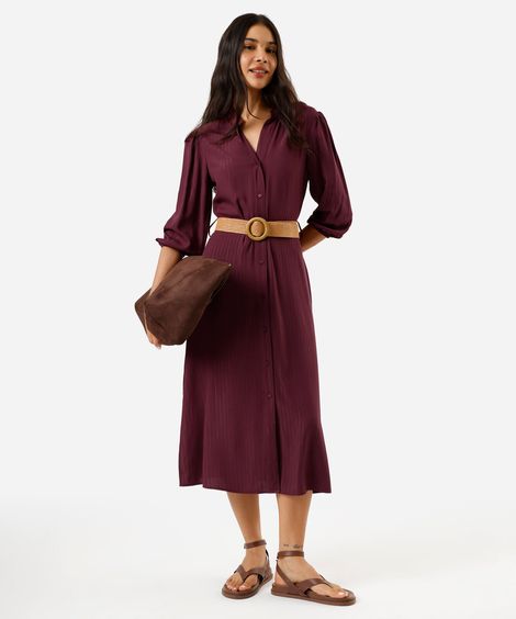 vestido midi chemise feminino de viscose com cinto vinho