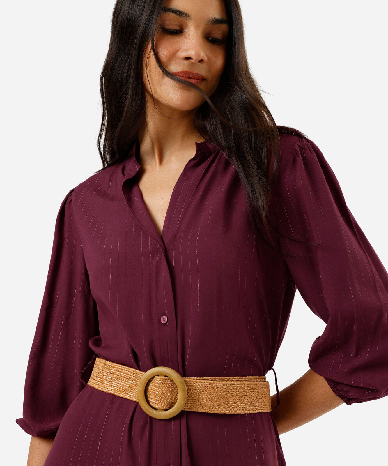 vestido midi chemise feminino de viscose com cinto vinho