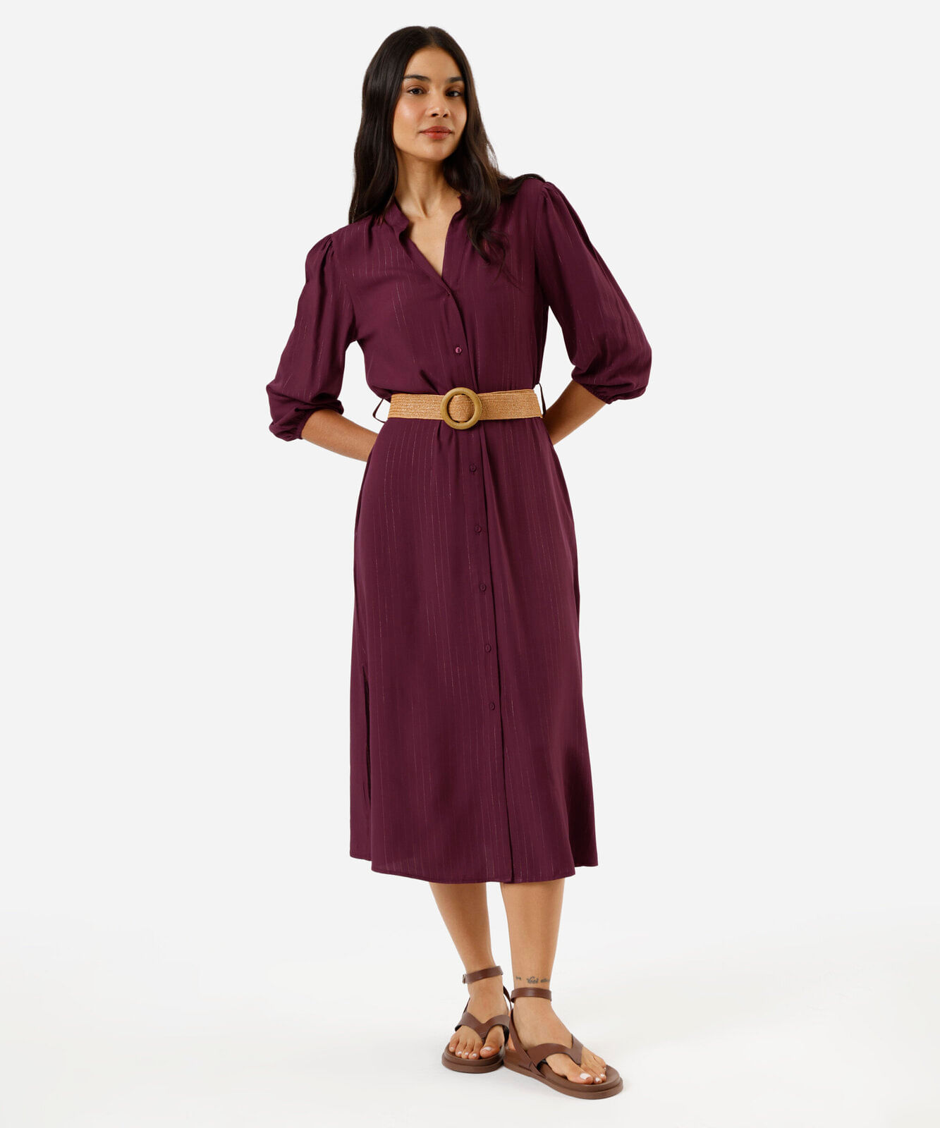 vestido midi chemise feminino de viscose com cinto vinho
