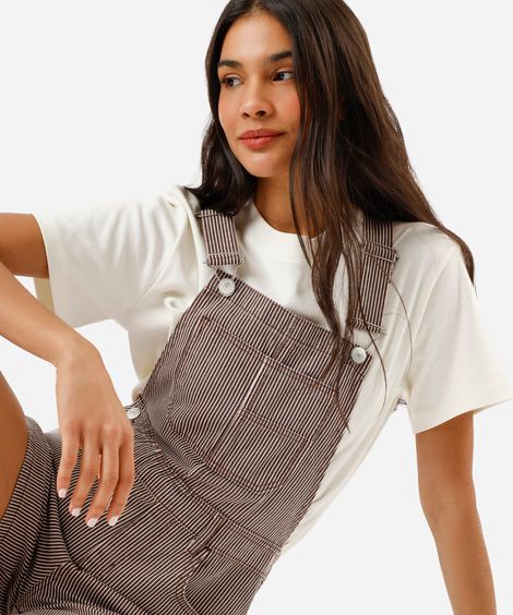 jardineira feminina de sarja listrada marrom