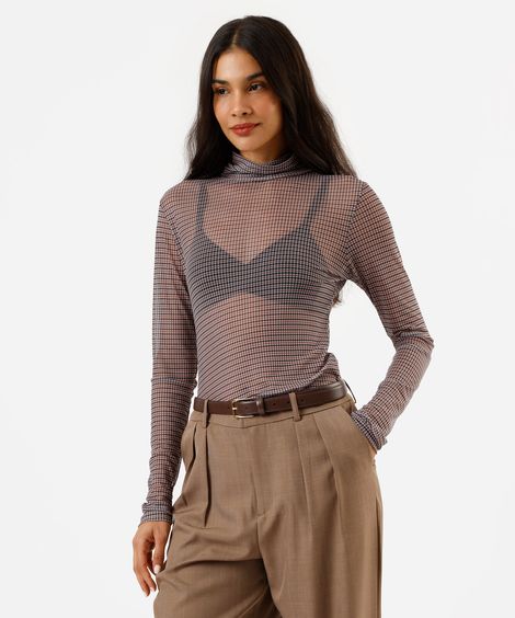 blusa feminina de tule gola alta pied de poule off white