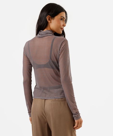 blusa feminina de tule gola alta pied de poule off white